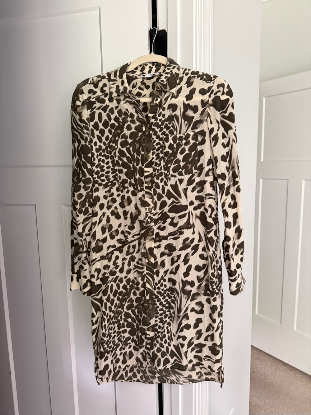 DVF Prita animal print long sleeve silk button down dress gray cream